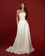 Satin Strapless Sleeveless High-Waisted Long A-Line Prom Dress With Beadings YK0662