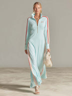 Retro Sporty Ice-Blue Half-Zip Stand-Collar Racing-Stripe Long-Sleeve Maxi Dress