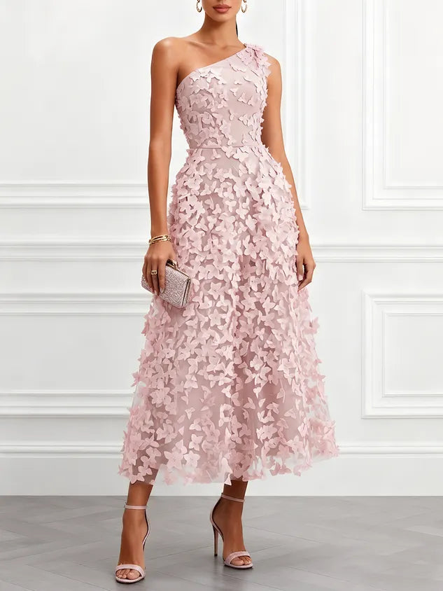Light Blue 3D Floral Classic One Shoulder Sleeveless A-Line Midi Dress