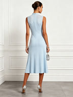Light Blue 3D Floral Knit Mock Neck Sleeveless A-Line Midi Dress