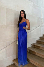 Cocoslly Spaghetti Straps Sleeveless High Waist Long Prom Dress With Tassel And Rhinstone | Champage Chiffon WQ0759