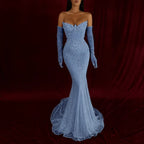 Cocoslly Strapless Sleeveless High Waist Long Mermaid Prom Dress With Rhinstone And Gloves | Smoky Silver Sequins WQ0579