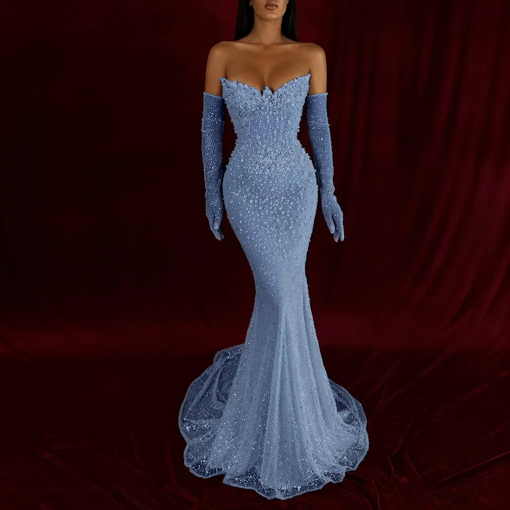 Cocoslly Strapless Sleeveless High Waist Long Mermaid Prom Dress With Rhinstone And Gloves | Smoky Silver Sequins WQ0579