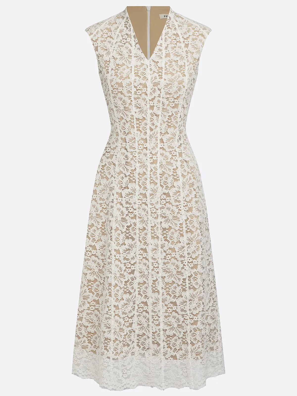 White Lace V Neck Sleeveless A-Line Midi Dress