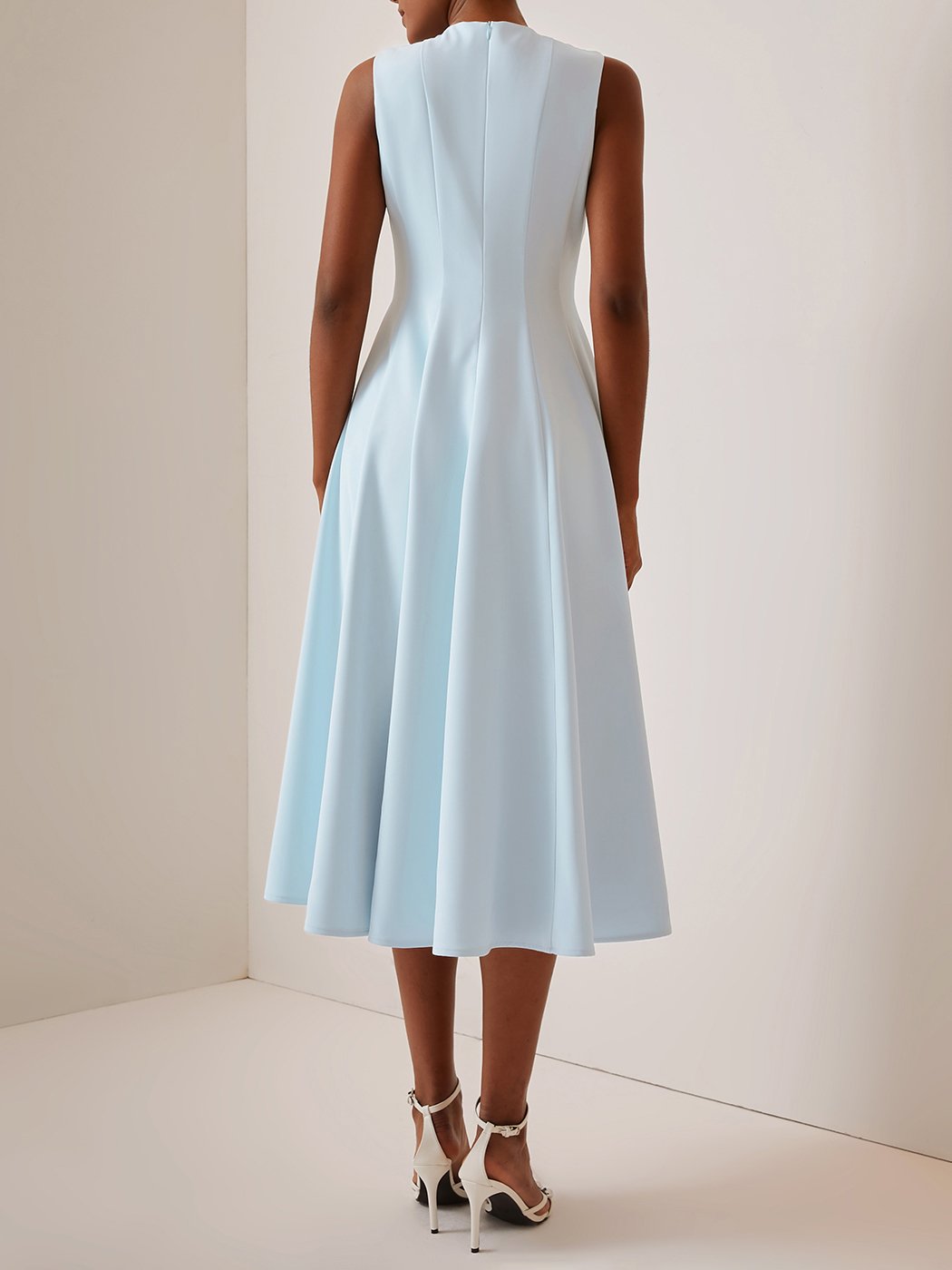 Blue Ruched Crew Neck Sleeveless A-Line Midi Dress