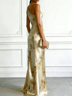 Beige Floral Satin One Shoulder Sleeveless Sheath Floor-length Gown Dress