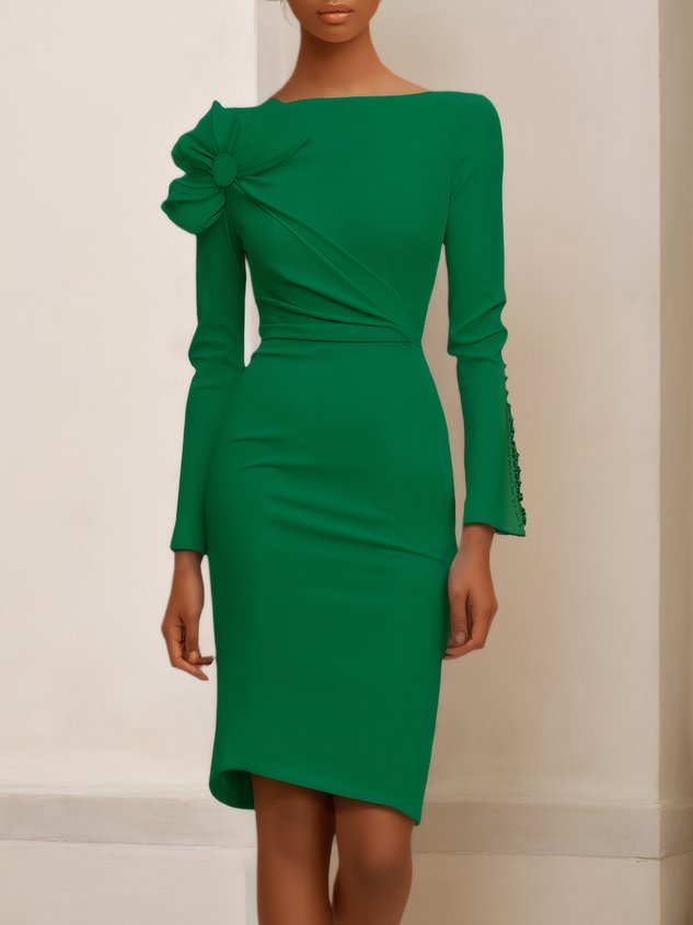 Cream White Bow Long Sleeve Sheath Midi Dress