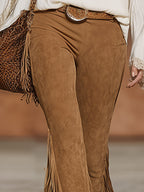 Versatile Retro Style Caramel Brown Faux Suede Tassel Flare Pants