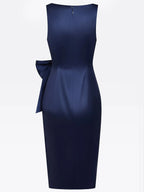 Purplish Blue Hotfix Embellished Bow Satin Square Neck Sleeveless Sheath Midi Dress
