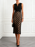 Black 3D Floral Classic Notched Sleeveless Sheath Midi Dress
