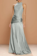 Cocoslly High-Neck Sleeveless Long Pleated Mermaid Prom Dress With Embroidery | Sage Green Satin ZA0147