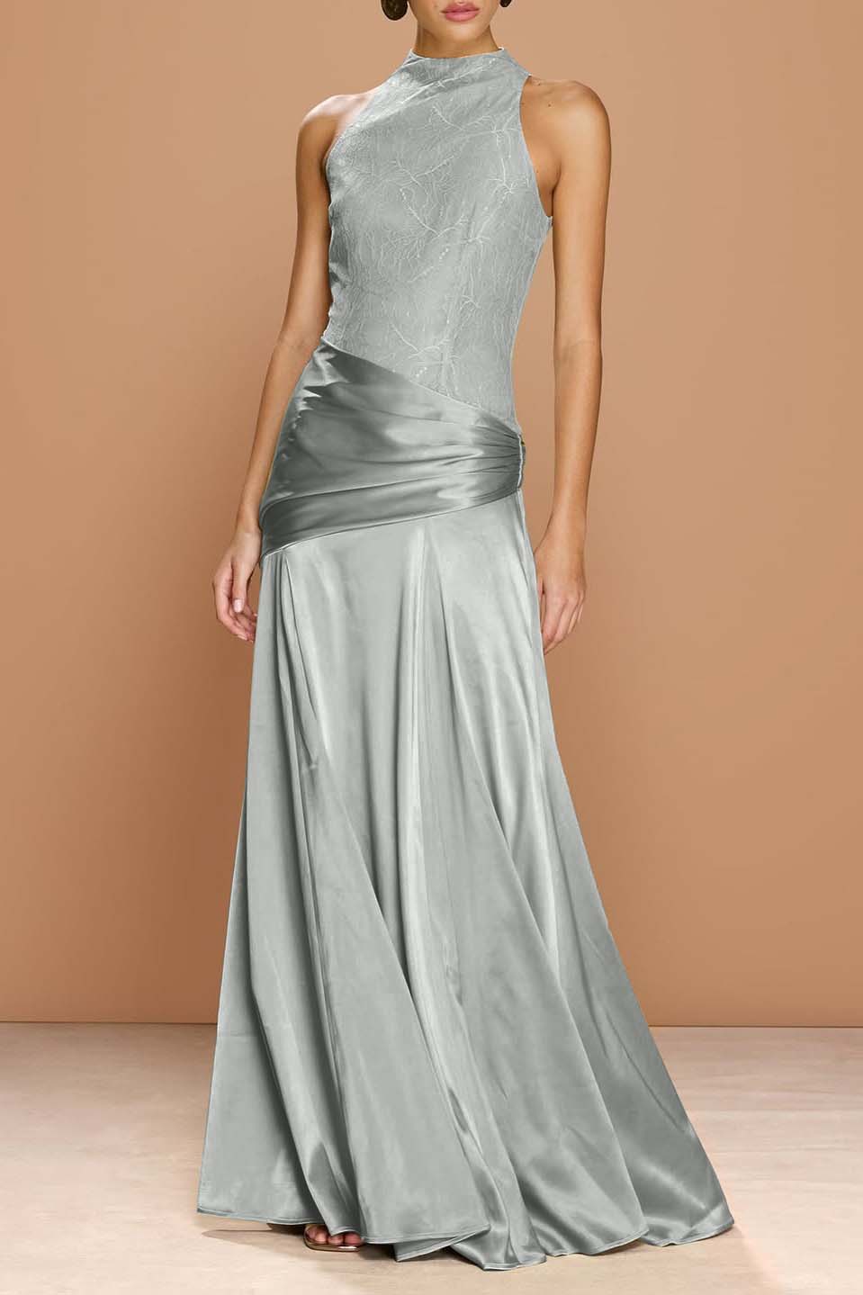 Cocoslly High-Neck Sleeveless Long Pleated Mermaid Prom Dress With Embroidery | Sage Green Satin ZA0147