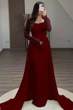 Square Neck Long Sleeves High Waist Long Pleated Mermaid Prom Dress With Beadings And Ruffles YS0057