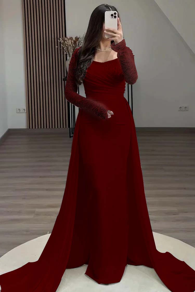Square Neck Long Sleeves High Waist Long Pleated Mermaid Prom Dress With Beadings And Ruffles YS0057