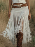 Retro Premium Western Style Brown Belt White Suede Tassel Skirt