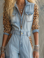 Retro-style Leopard Print Faux-suede Patchwork Blue Denim Jumpsuit