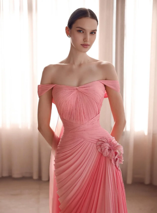 Cocoslly Off-The-Shoulder Sleeveless High Waist Long Prom Dress With Pleated | Coral Pink Chiffon CO0135