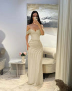 Cocoslly Satin Off-The-Shoulder Sleeveless Long Prom Dress With Pleated