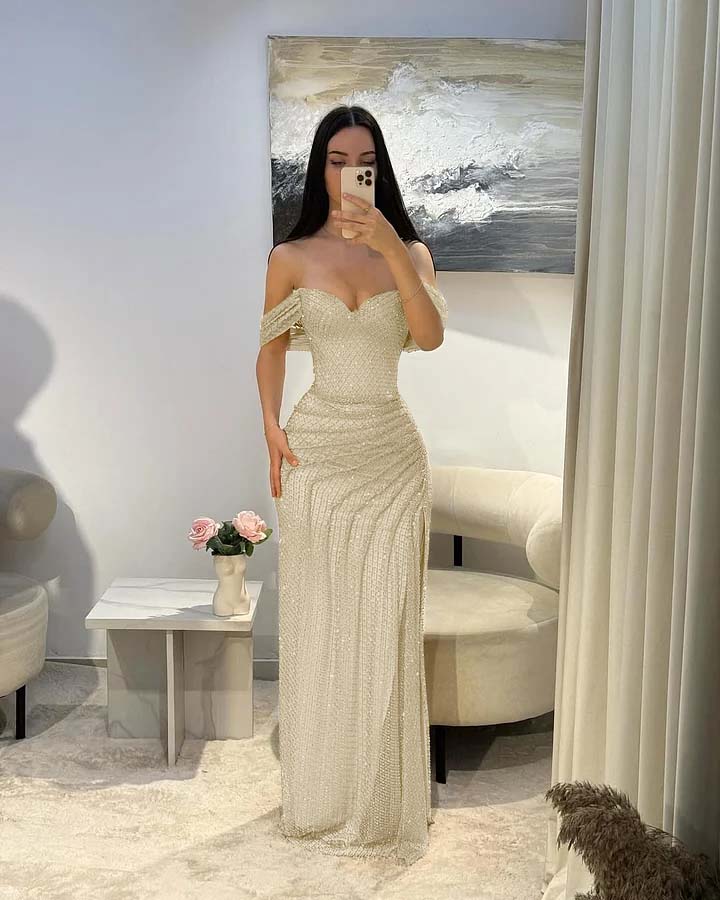 Cocoslly Satin Off-The-Shoulder Sleeveless Long Prom Dress With Pleated