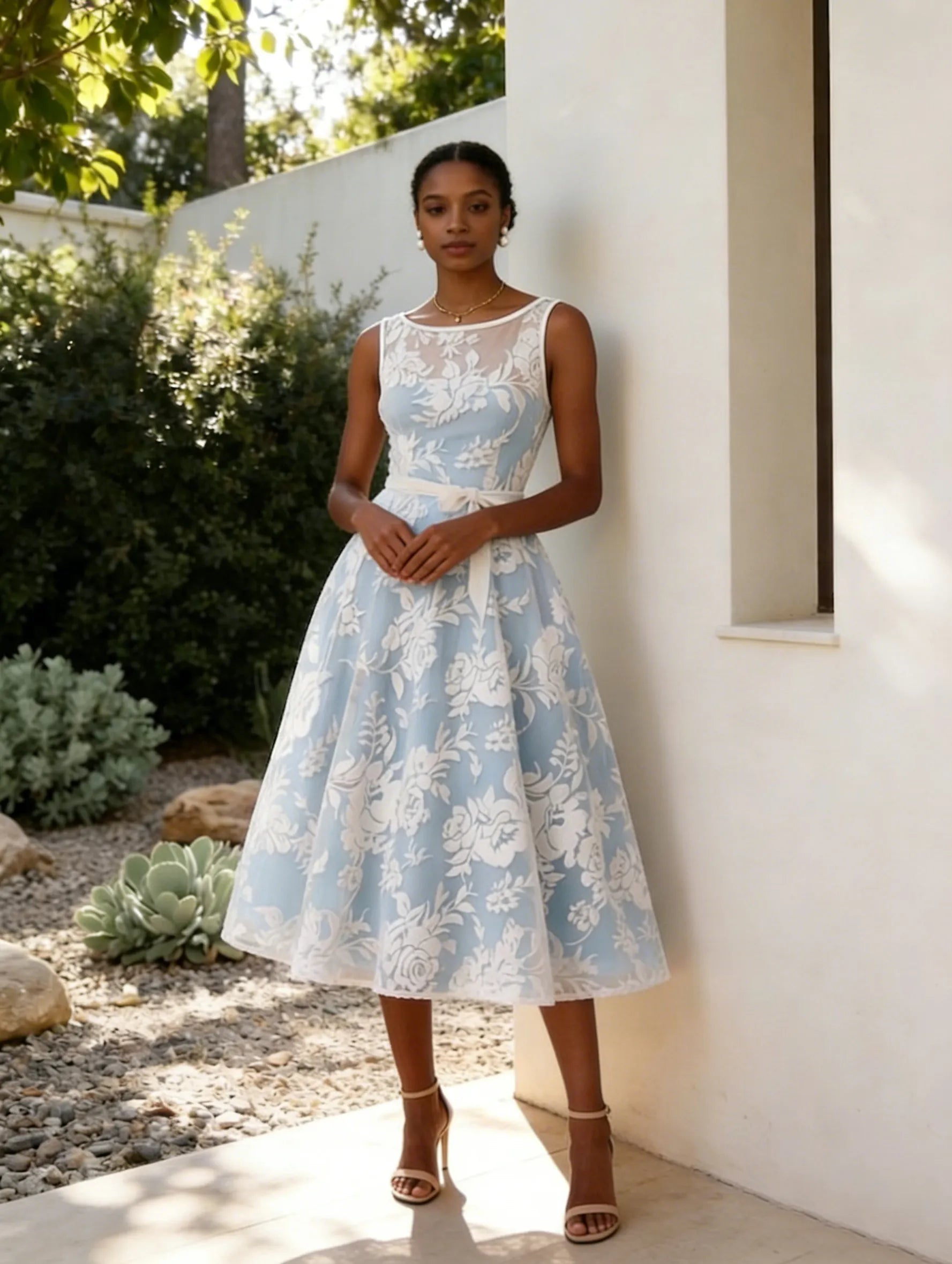Light Blue Jacquard Floral Classic Boat Neck Sleeveless A-Line Midi Dress