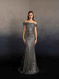 Cocoslly Off-The-Shoulder Sleeveless Long Mermaid Prom Dress With Sequins And Applique | Sliver Sequins CO0005