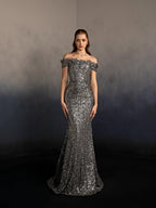 Cocoslly Off-The-Shoulder Sleeveless Long Mermaid Prom Dress With Sequins And Applique | Sliver Sequins CO0005