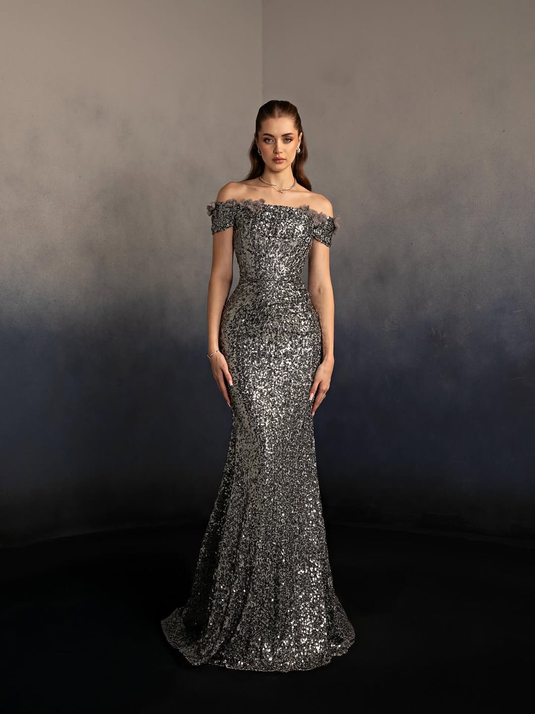 Cocoslly Off-The-Shoulder Sleeveless Long Mermaid Prom Dress With Sequins And Applique | Sliver Sequins CO0005