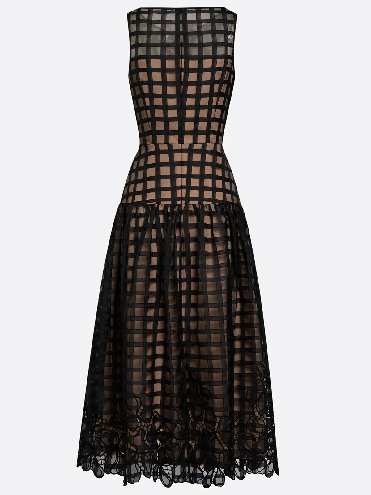 Black Floral Plaid Classic Boat Neck Sleeveless A-Line Midi Dress