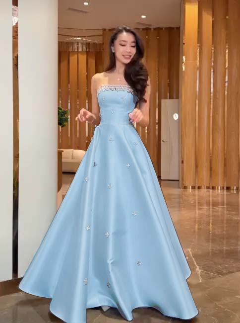 Cocoslly Strapless Sleeveless High Waist Long A Line Prom Dress With Rhinstone | Navy Blue Satin JZ0146