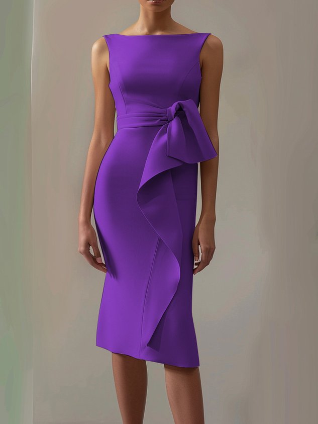 Pink Ruched Boat Neck Sleeveless Sheath Midi Dress