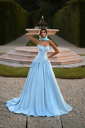 Satin Strapless Sleeveless Long A-Line Prom Dress With Pleated And Corset YK0797