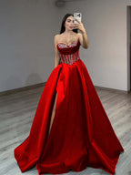 Satin Sweetheart Sleeveless Long Pleated A-Line Prom Dress With Rhinstone And Split YK0584
