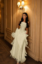 Cocoslly Strapless Sleeveless High Waist Long Prom Dress With Appliques And Ruffles | Nude Champage Chiffon LR0492