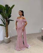 Cocoslly Off-The-Shoulder Long Pleated Mermaid Prom Dress With Beaded-Embroidered And Scarf | Dusty Sage Satin And Tulle ZA0306