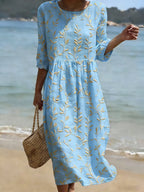 Vintage Floral Art Pattern Linen Blend Loose Three-quarter Sleeve Dress