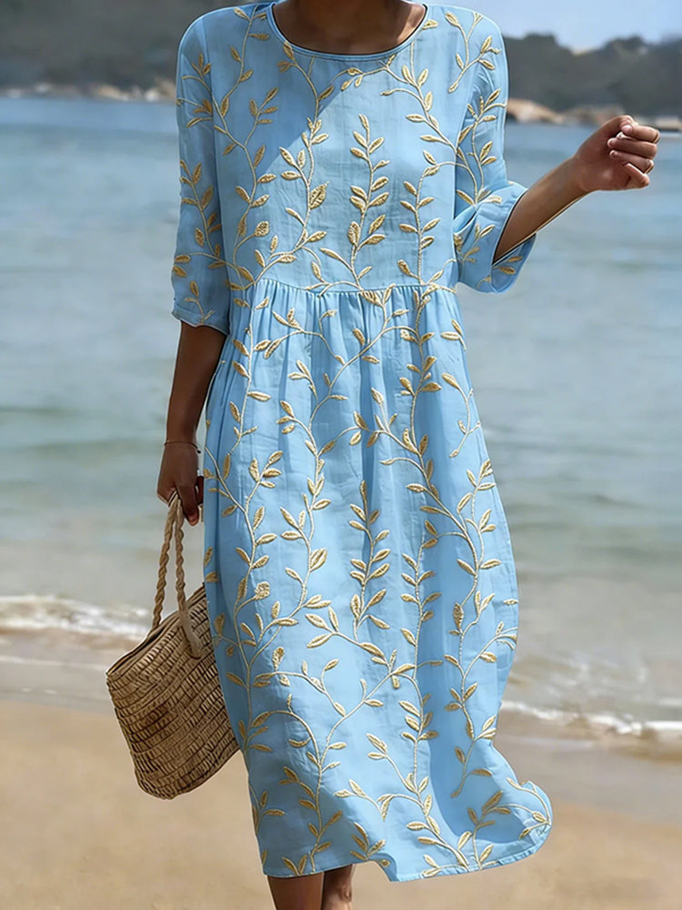 Vintage Floral Art Pattern Linen Blend Loose Three-quarter Sleeve Dress