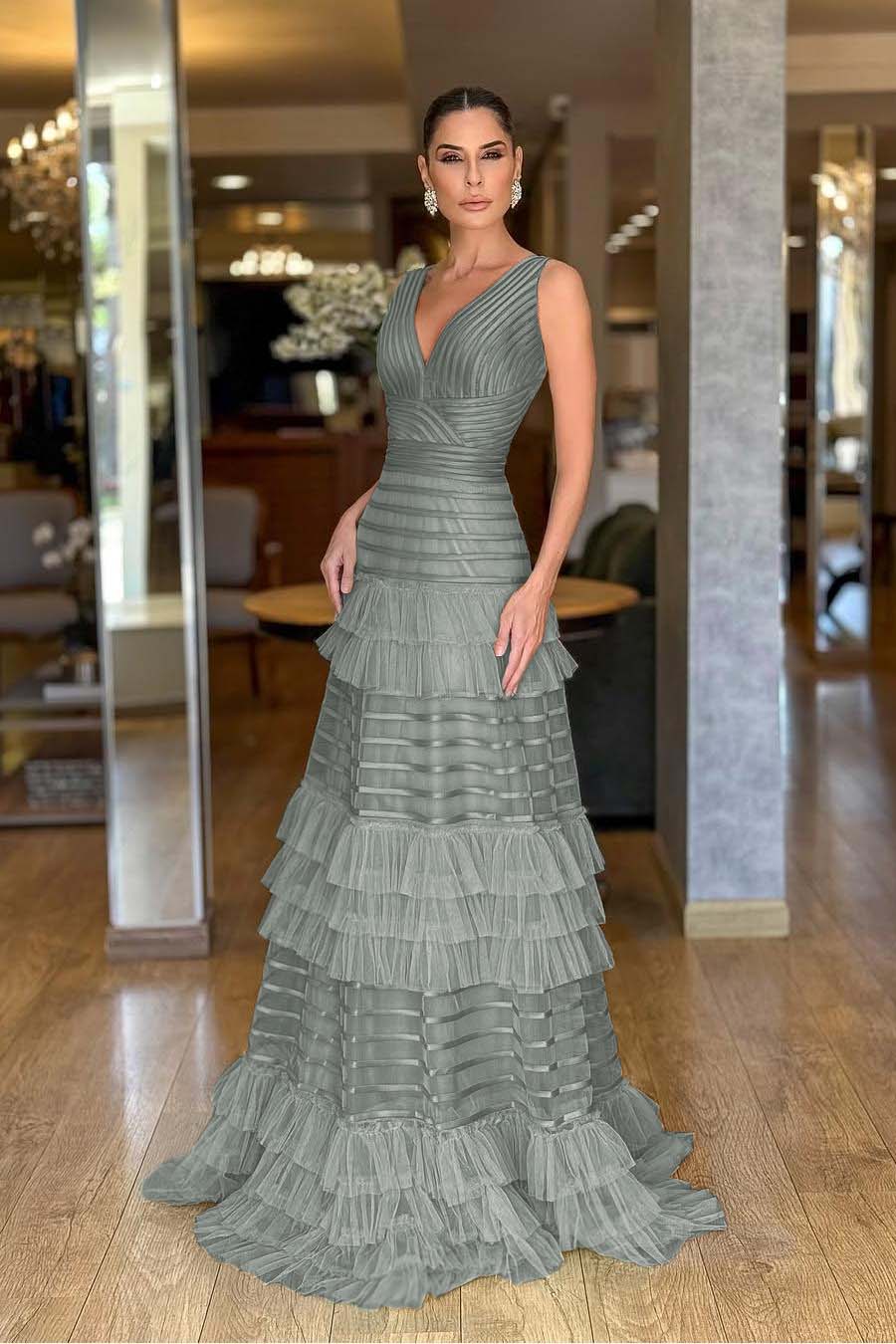 Tulle V-Neck Wide Shoulder Straps Sleeveless Long A-Line Prom Dress With Ruffles And Pleated WQ0149