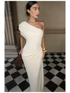 Cocoslly One Shoulder Sleeveless High Waist Long Mermaid Prom Dress With Pleated | White Satin YK1192