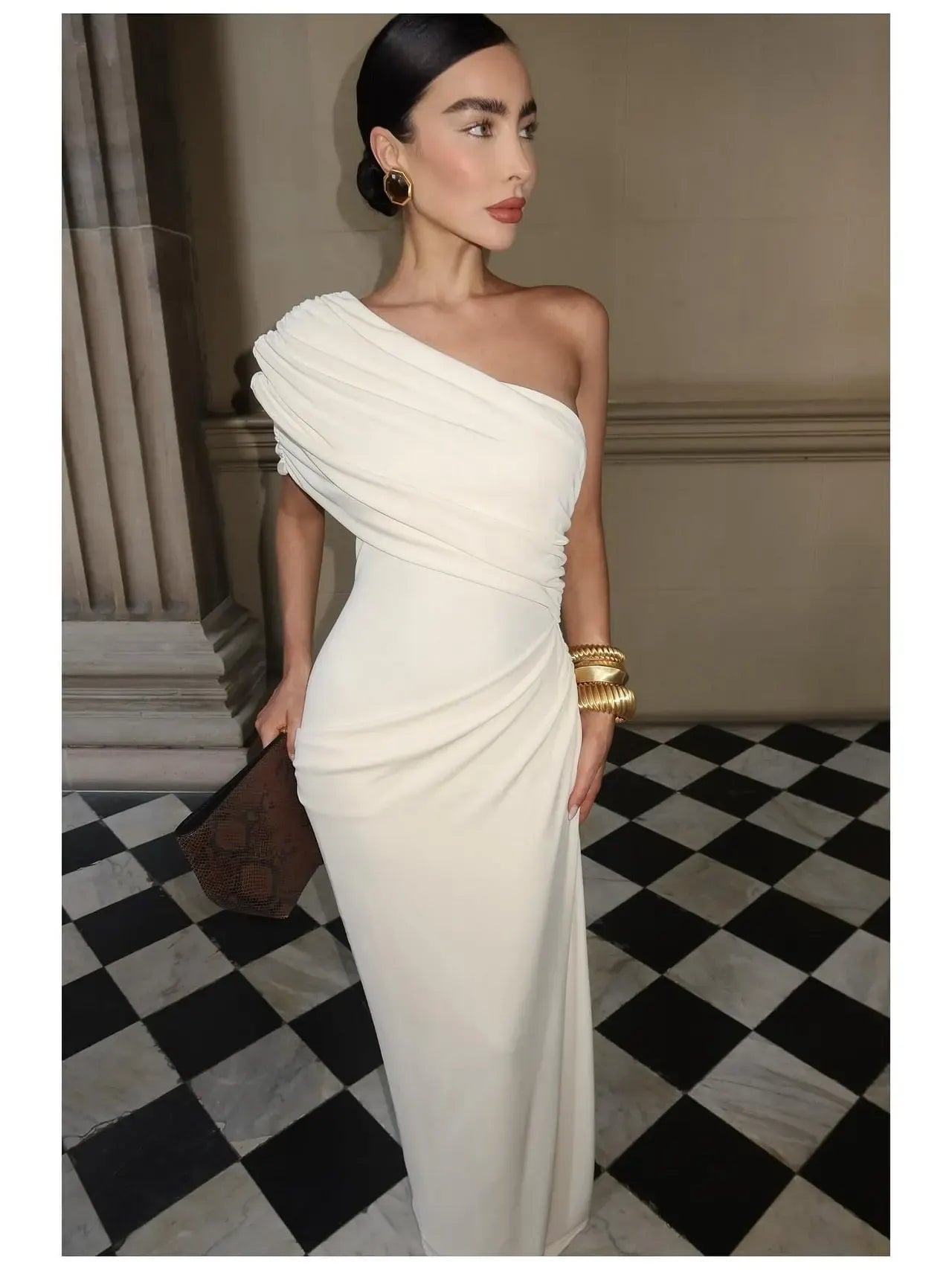 Cocoslly One Shoulder Sleeveless High Waist Long Mermaid Prom Dress With Pleated | White Satin YK1192