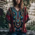 Women's Vintage Boho Nepal Ethnic Floral Art V-neck Shirt