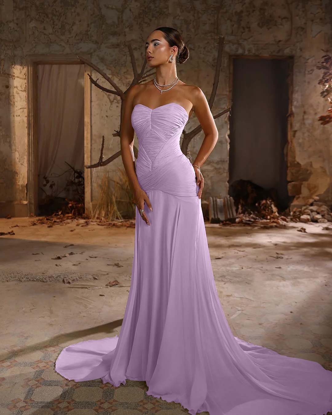 Chiffon Sweetheart Strapless Sleeveless Long Mermaid Prom Dress With Ruffles And Pleated YK0705