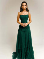 Tulle Square Neck Spaghetti Straps Strapless Sleeveless Long A-Line Prom Dress With Beadings YK0789