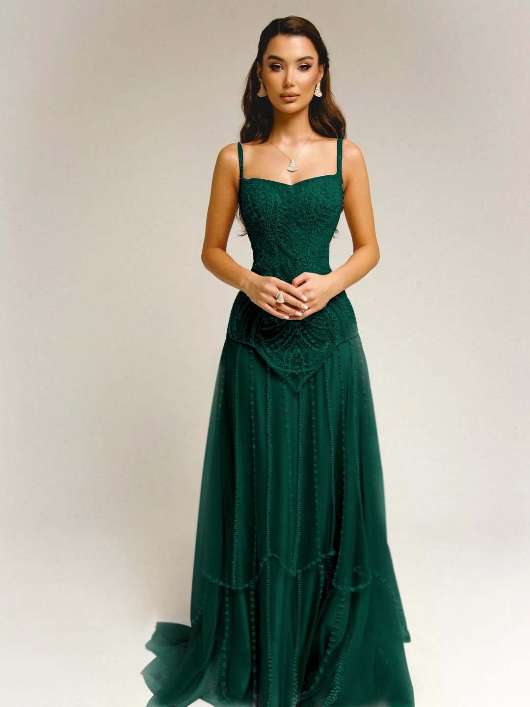 Tulle Square Neck Spaghetti Straps Strapless Sleeveless Long A-Line Prom Dress With Beadings YK0789