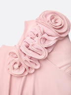 Pink 3D Floral Ruched Knit Asymmetrical Short Sleeve Bodycon Midi Dress