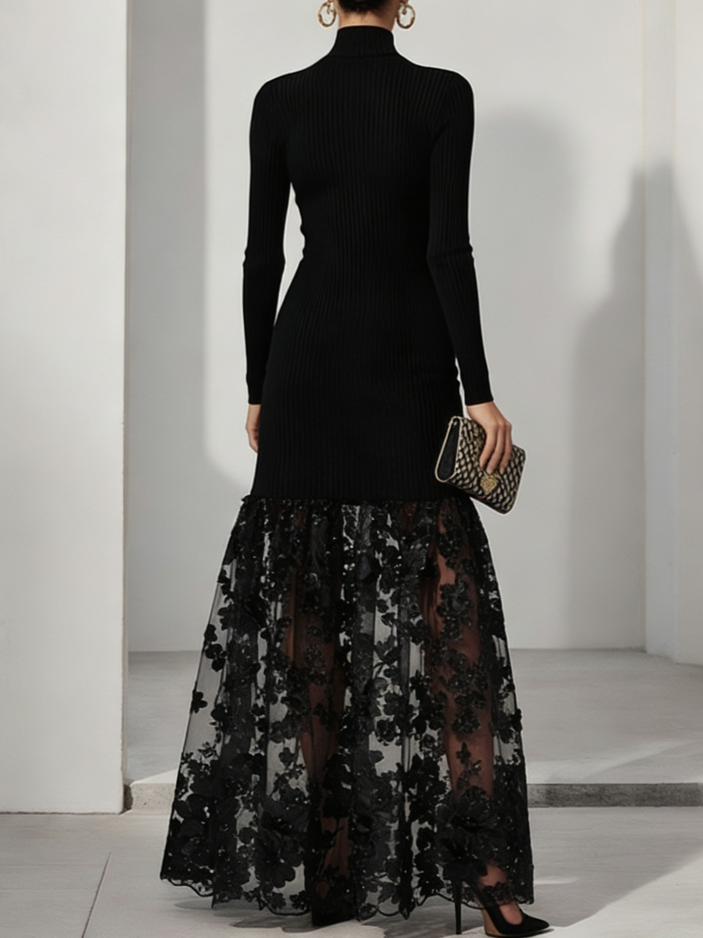 Black Mesh Floral Knit Mock Neck Long Sleeve A-Line Maxi Dress