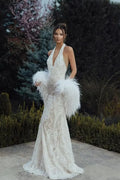 Cocoslly Halter V-Neck Sleeveless High Waist Long Prom Dress With Appliques And Tassel | White Lace LR0368