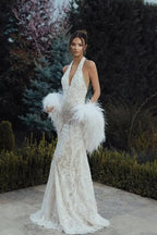 Cocoslly Halter V-Neck Sleeveless High Waist Long Prom Dress With Appliques And Tassel | White Lace LR0368