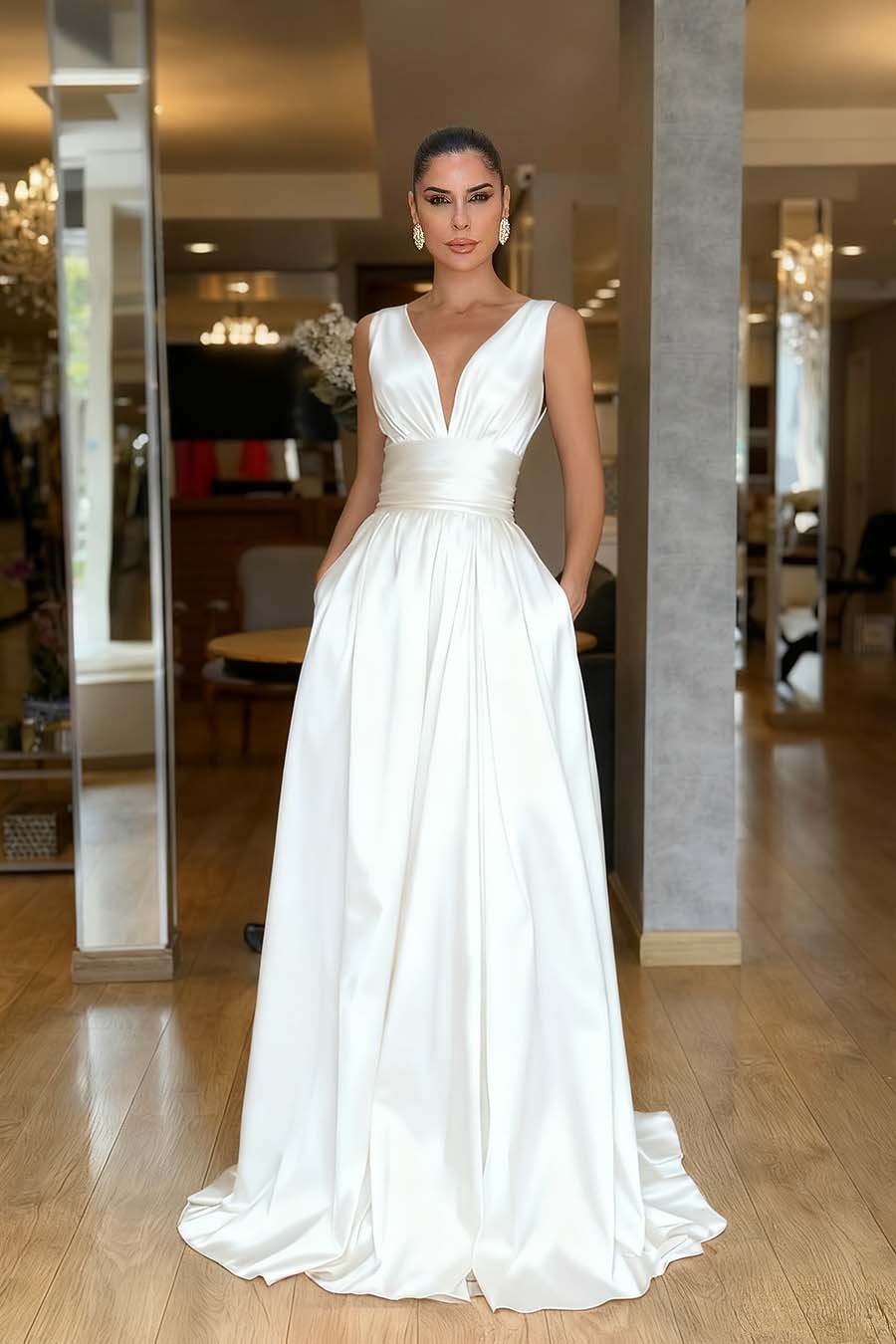 Straps Sleeveless High Waist Long Prom Dress With Pockets Pleated MS0387