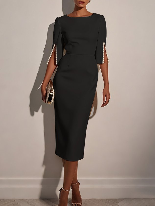 Navy Blue Faux Pearl Classic Crew Neck Half Sleeve Sheath Midi Dress