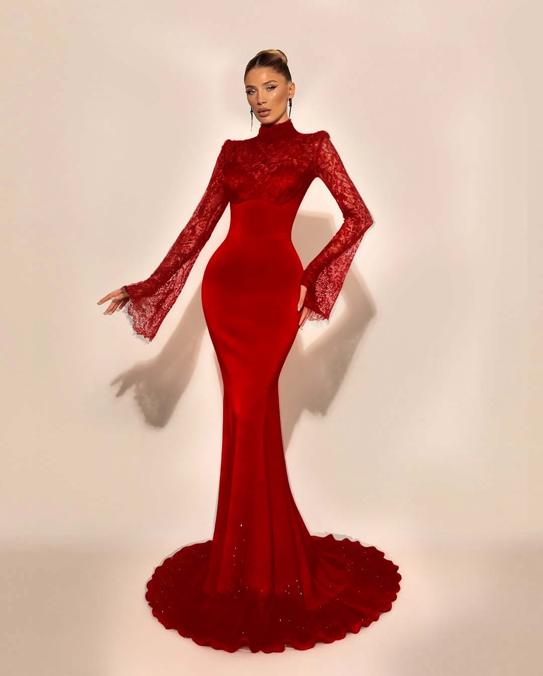 High Neck Lace Long Sleeves Long Mermaid Prom Dress With Pleated YK0572